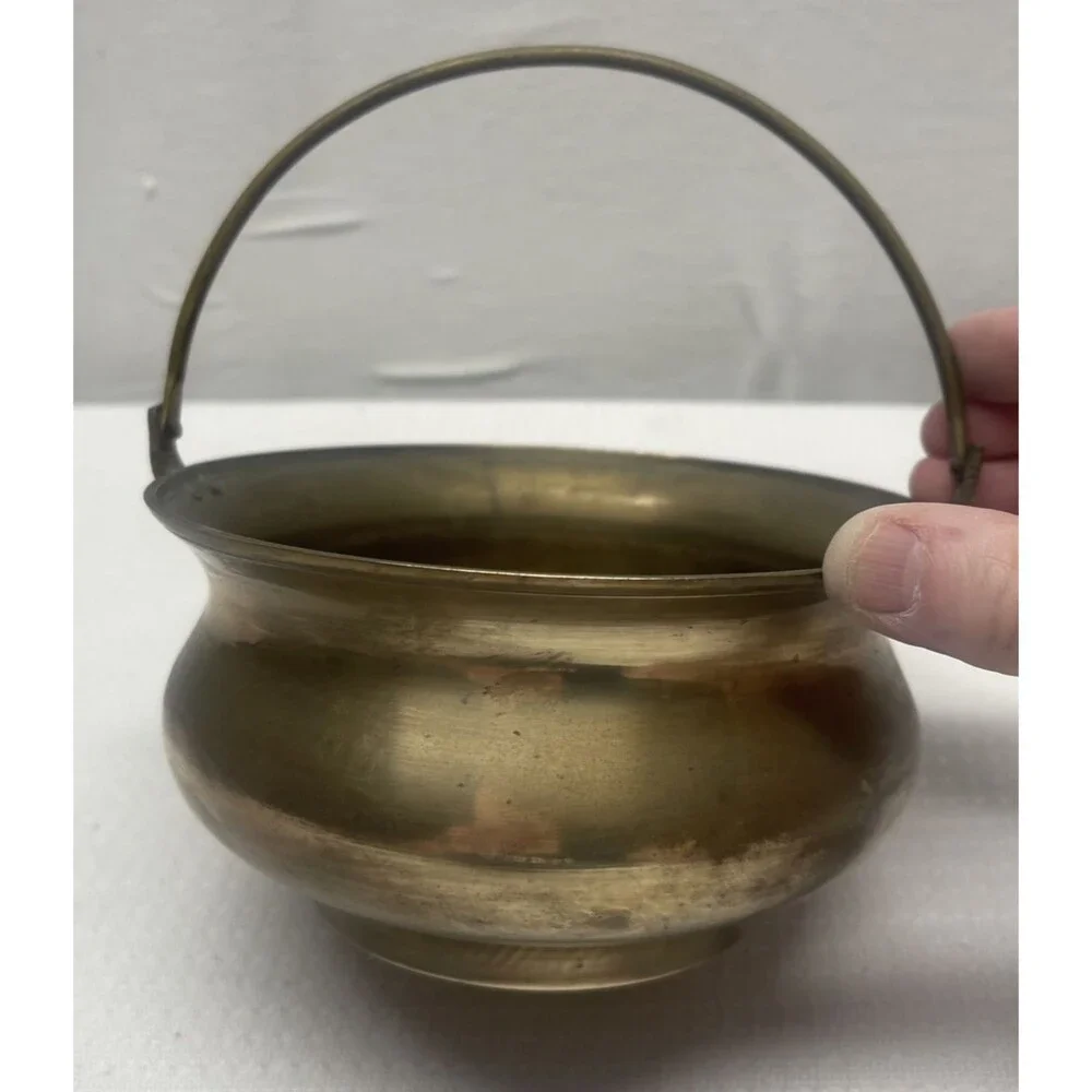 Vintage Solid Brass Cauldron Planter Pot Handle Mid-Century Modern Decor India
